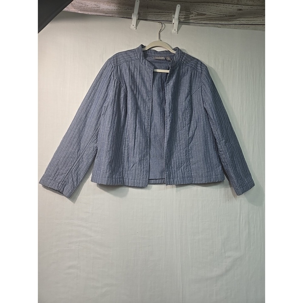 Chico's Chambray Open Front Jacket Women's 2 (L) Blue White Embroidered Stripes